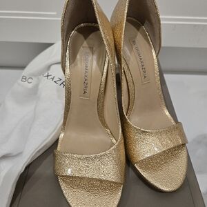 BCBG Jive Gold Textured Open-Toe Heels